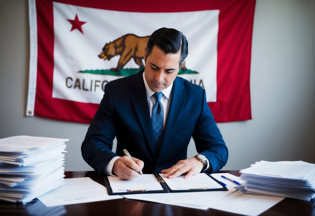 A California real estate appraiser carefully reviewing and signing off on a stack of legal documents, with a large California state flag hanging in the background