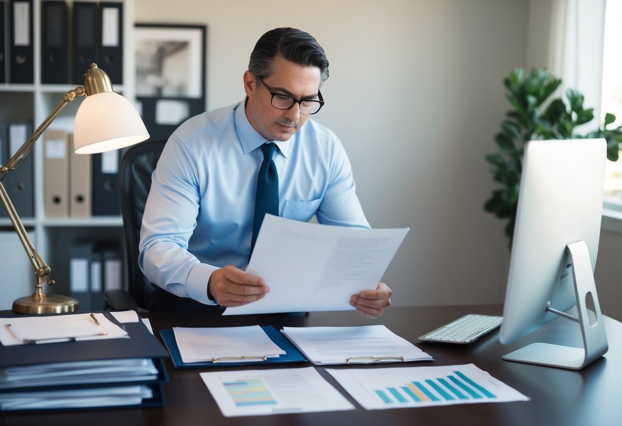 A California real estate appraiser reviewing disclosure documents in a home office, surrounded by files, a computer, and a desk lamp