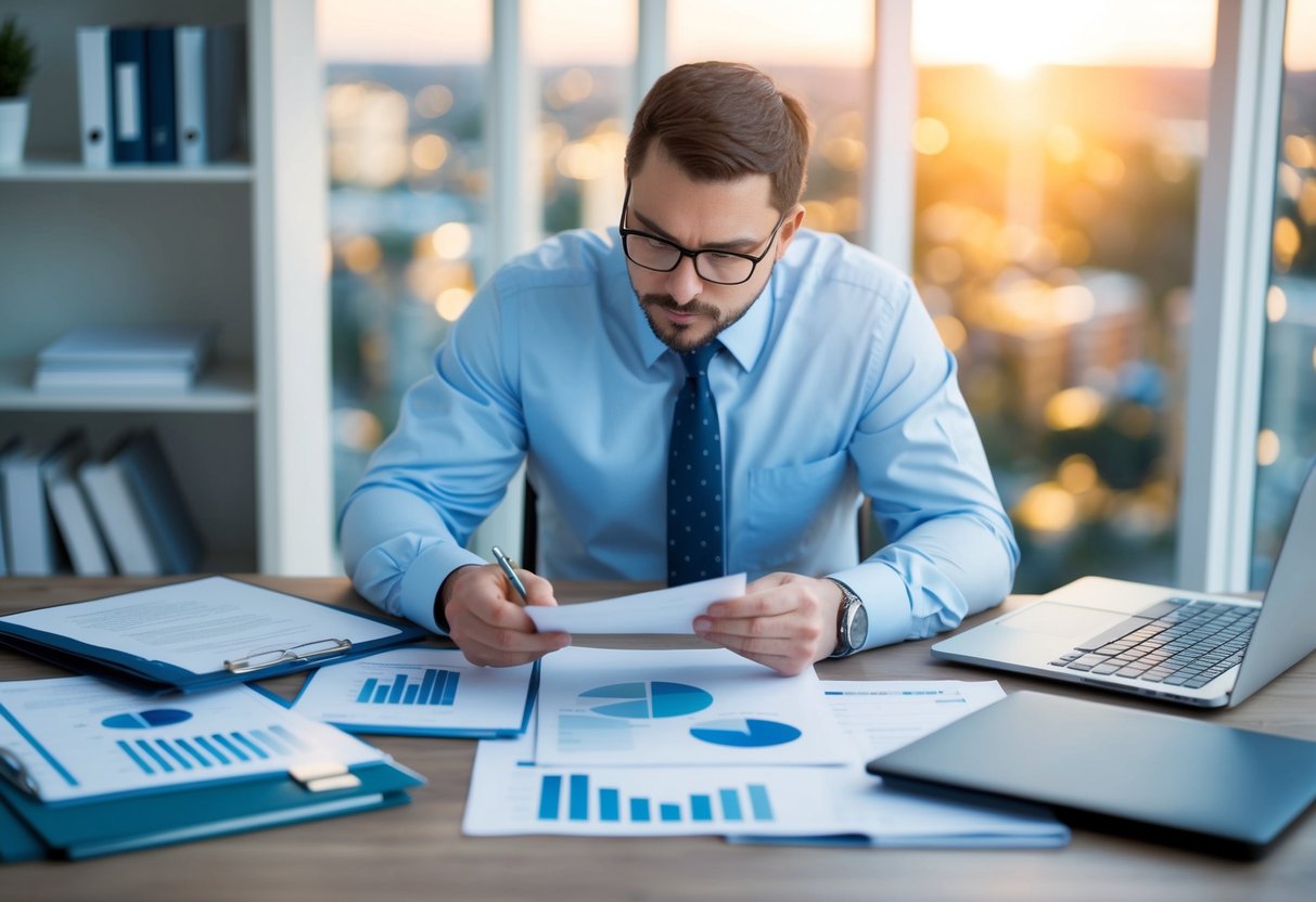 A commercial real estate appraiser carefully examines a property, surrounded by various documents and data, while conducting thorough research and analysis