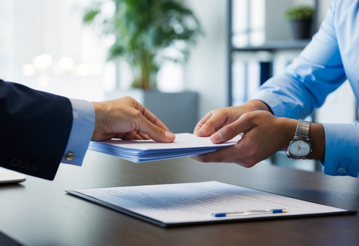 A real estate agent handing over a stack of documents to a client in a modern office setting