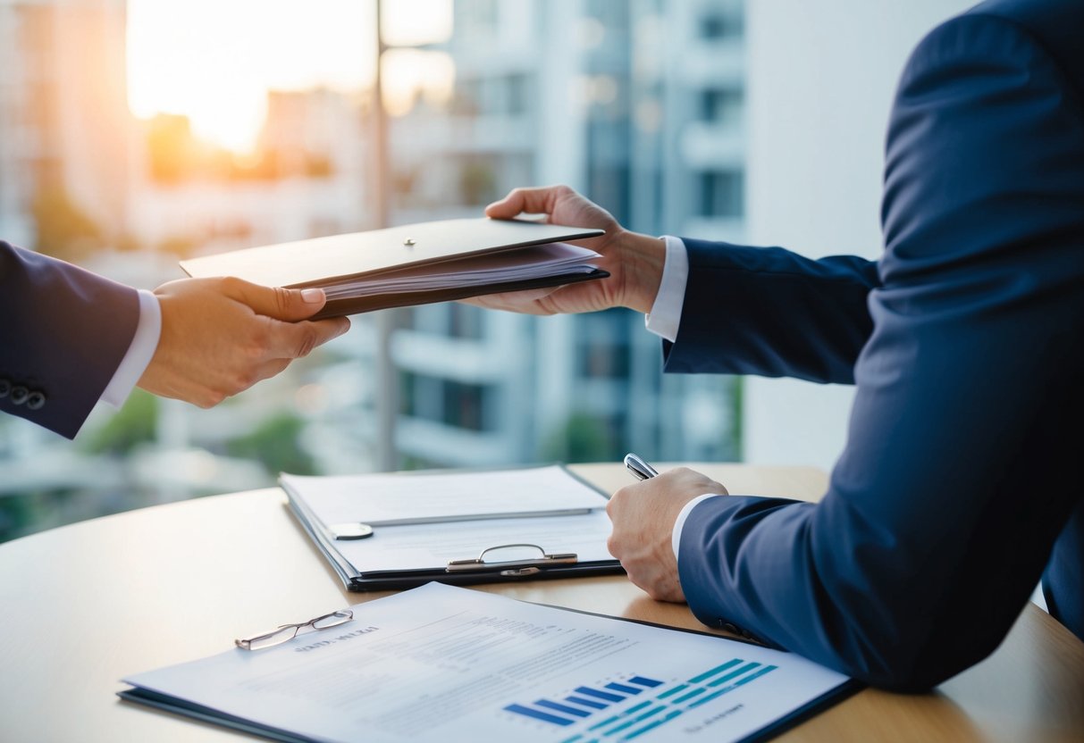 A real estate agent handing over a folder of documents to a client, with a commercial property and appraisal report on the table