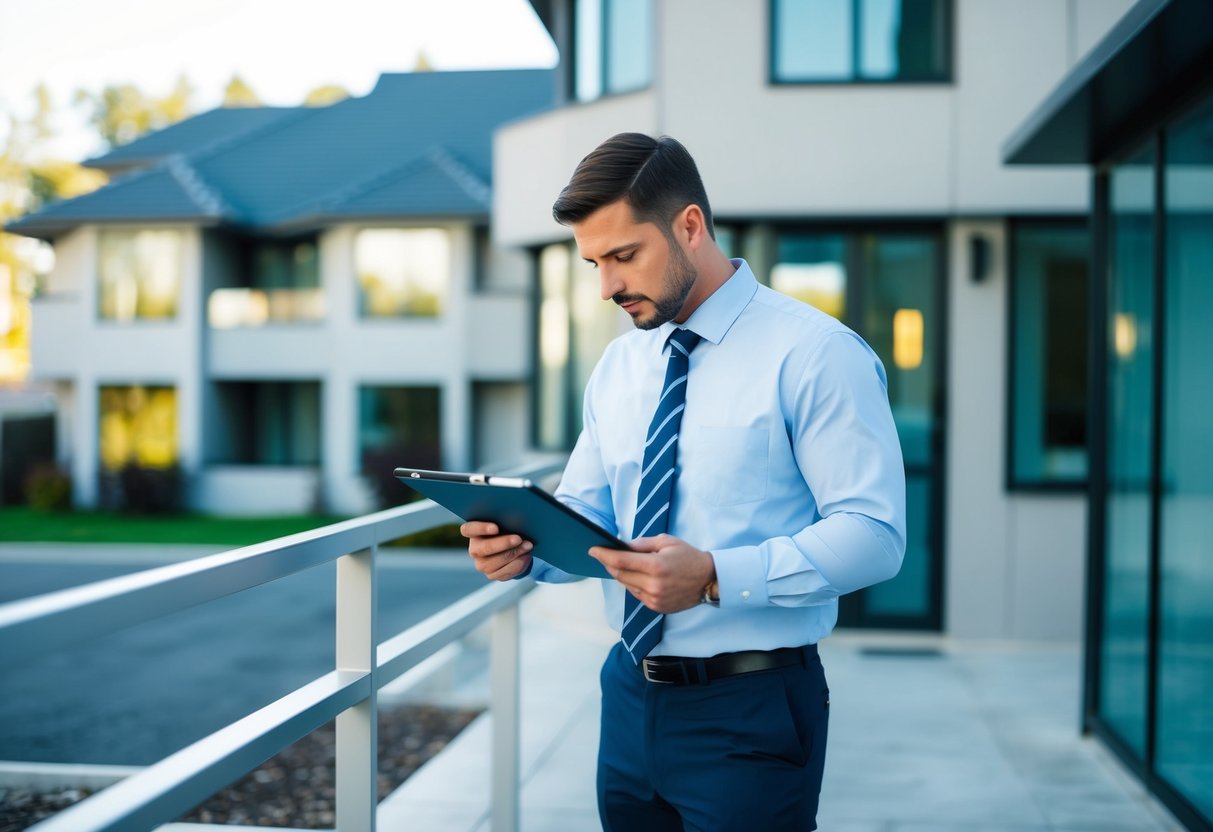 A commercial real estate appraiser examining a property, with a focus on the details of the building and surrounding area