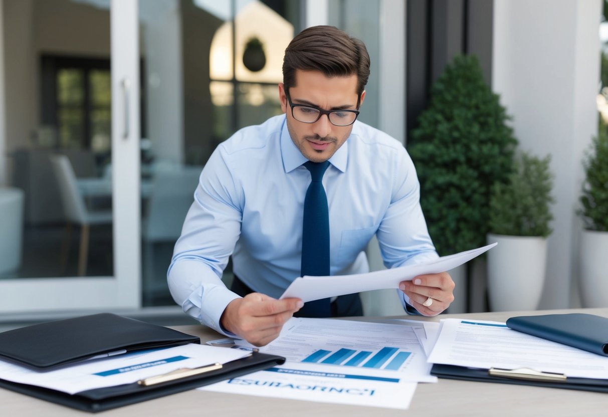 A commercial real estate appraiser carefully examining a property, surrounded by paperwork and insurance documents