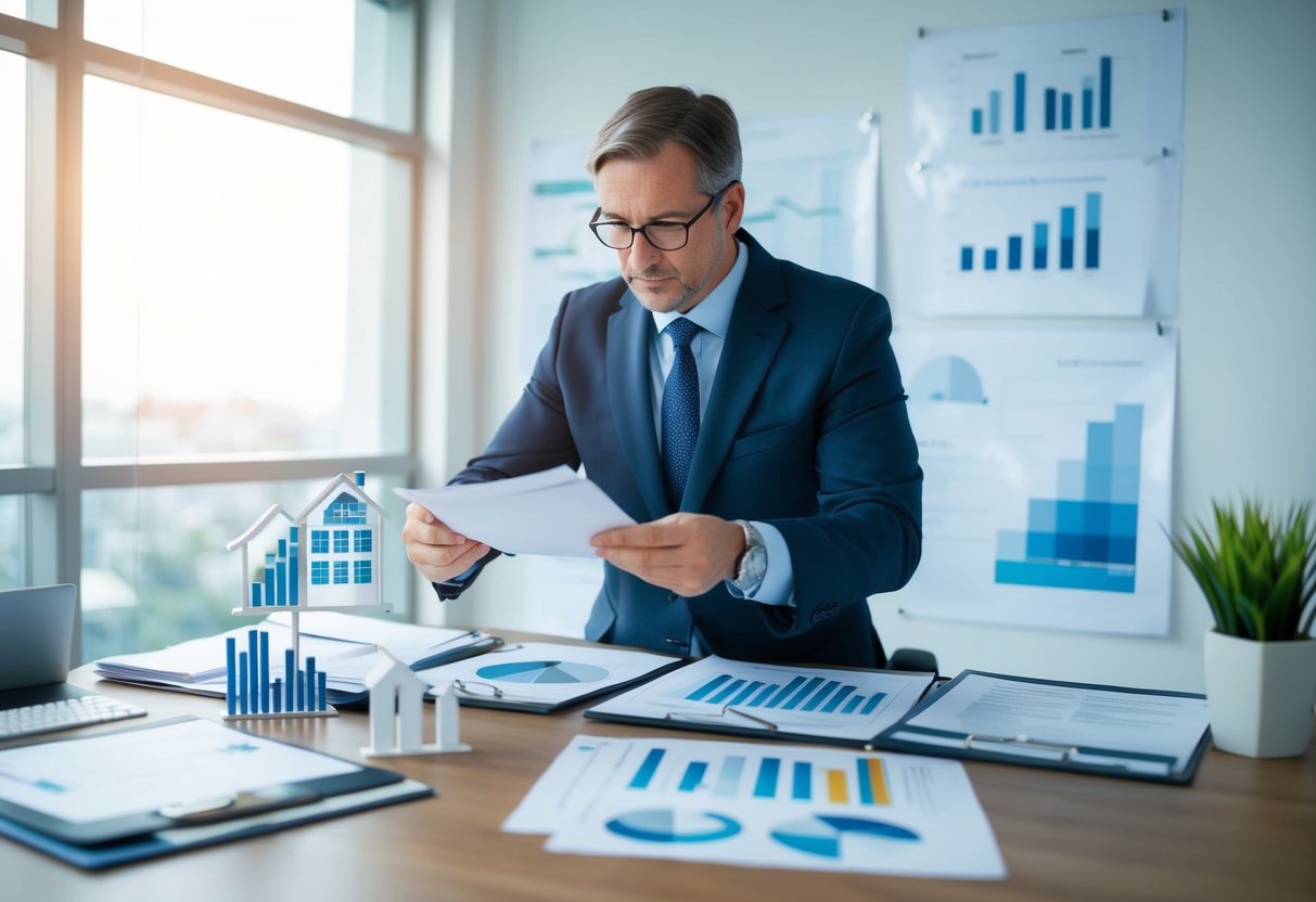 A commercial real estate appraiser meticulously examines a property, surrounded by charts, graphs, and financial documents. A cautious and focused atmosphere permeates the room