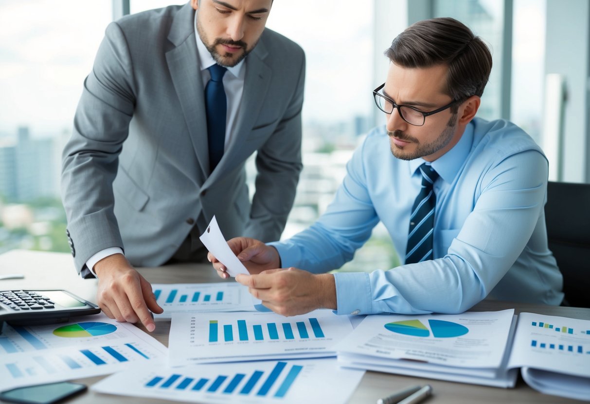 A commercial real estate appraiser carefully examines a property, surrounded by charts, graphs, and financial reports. They are methodically assessing potential risks and determining the best practices for risk management