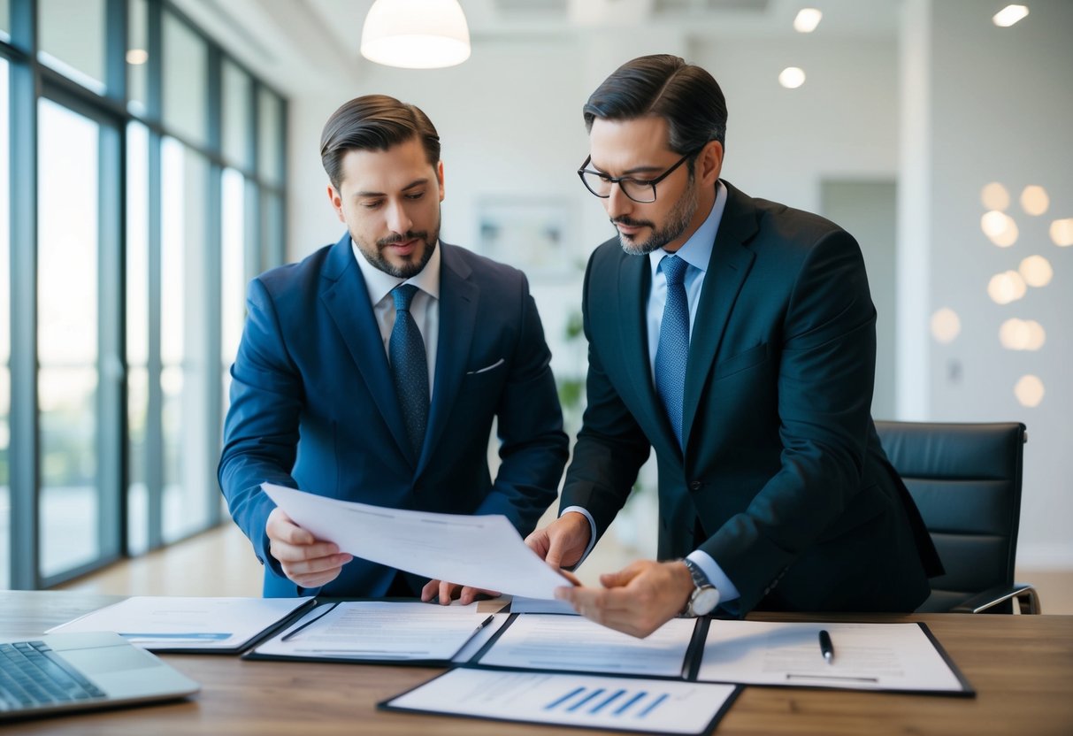 A real estate appraiser reviewing property documents with a lawyer in a modern office setting