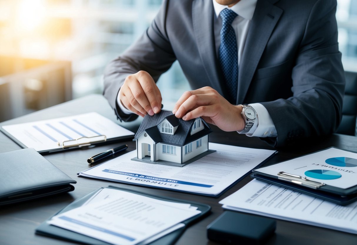 An appraiser carefully examines a commercial real estate property, surrounded by legal documents and insurance paperwork