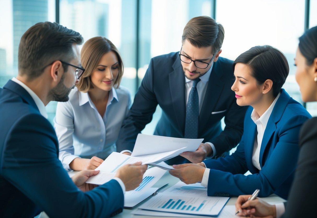 An appraiser reviewing commercial real estate documents and consulting with colleagues