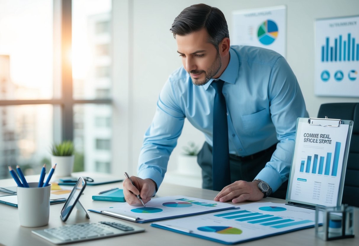 A commercial real estate appraiser examining a property, surrounded by charts, graphs, and valuation tools