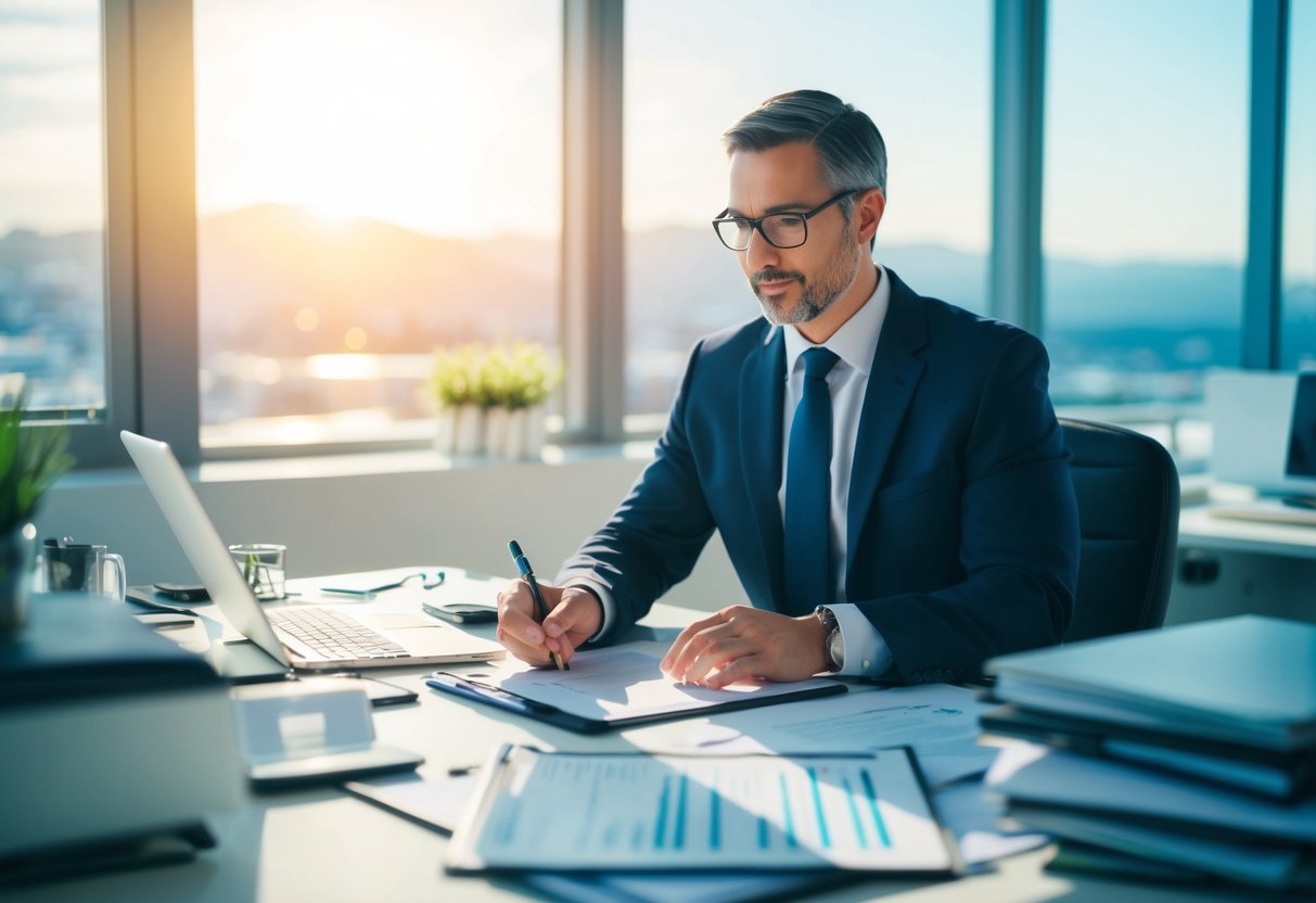A commercial real estate appraiser in California reviewing legal documents and regulatory frameworks at a cluttered desk in a sunlit office