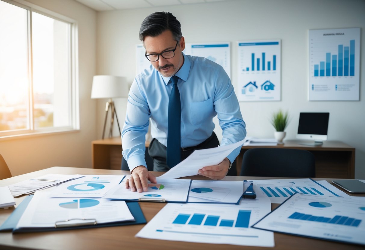An appraiser reviewing property documents and financial reports in a California office, surrounded by charts, graphs, and real estate transaction paperwork