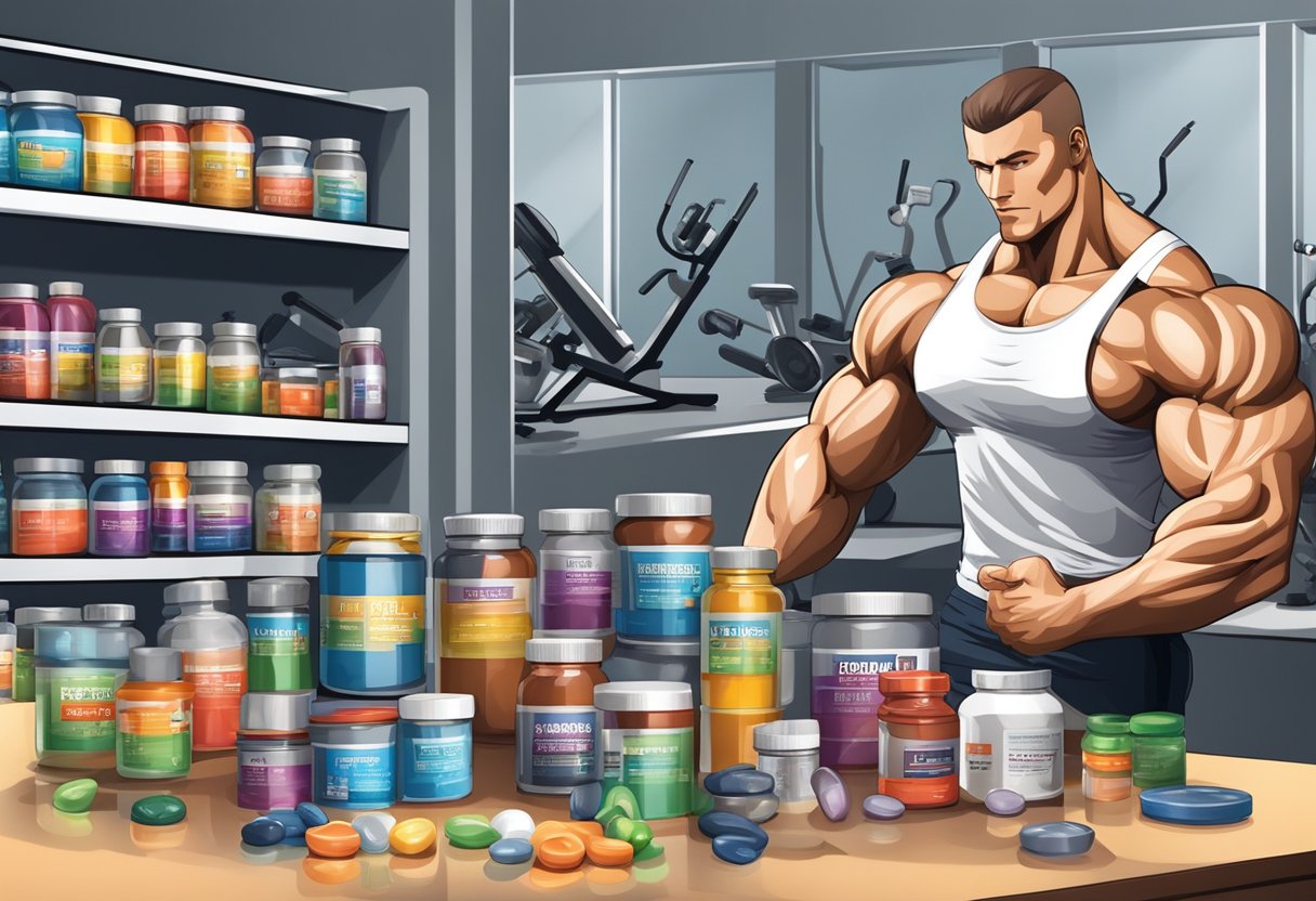 A table with various containers of polish bodybuilding supplements, surrounded by gym equipment and a muscular figure in the background