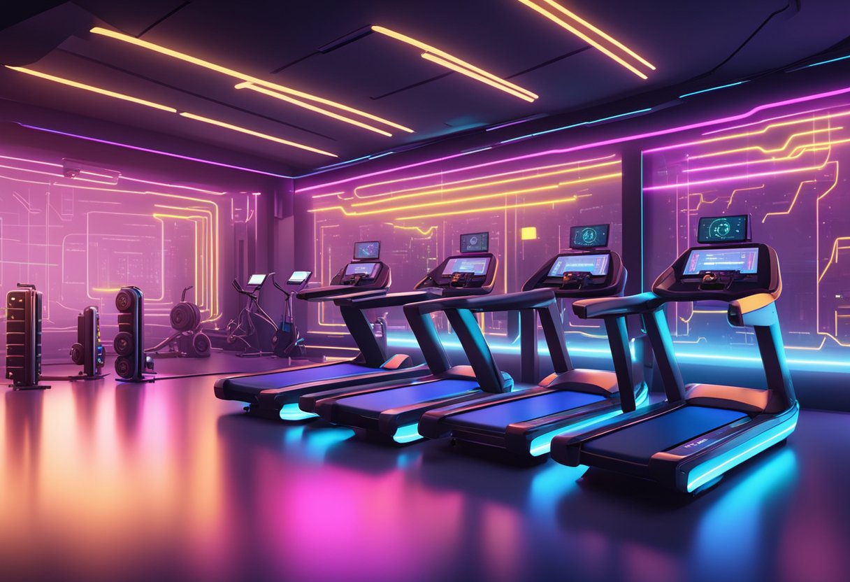 A futuristic gym with glowing neon lights and metallic equipment, surrounded by digital screens displaying cryptocurrency data