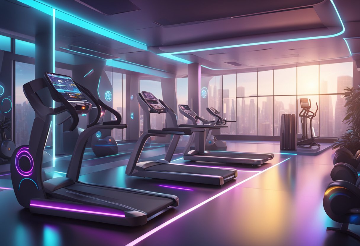 A futuristic gym with holographic displays and glowing equipment