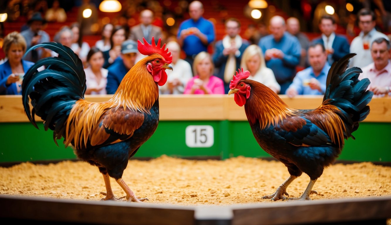 Seekor ayam jantan dan seekor ayam betina berhadapan di arena yang ramai dan berwarna-warni, dikelilingi oleh penonton yang antusias memasang taruhan pada hasilnya.