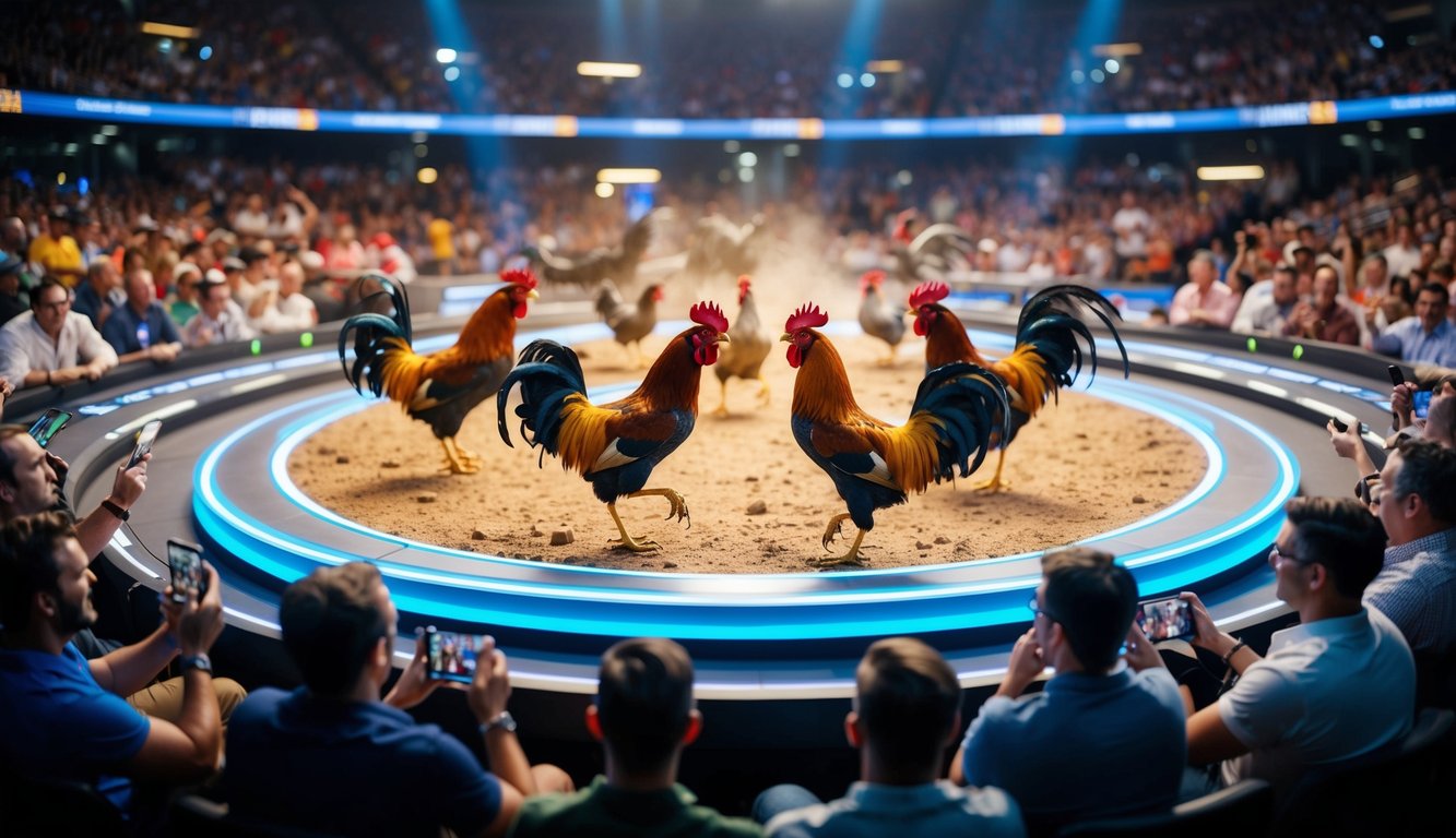 Arena virtual yang ramai dengan ayam jantan berwarna-warni bertarung di platform digital, dikelilingi oleh penonton online yang bersorak dan fitur streaming langsung