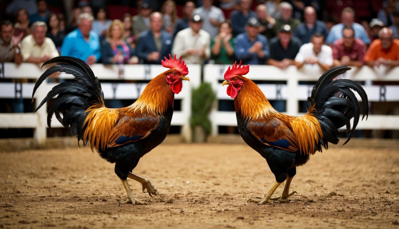 Dua ayam jantan berhadapan di arena yang ramai, dikelilingi oleh penonton yang antusias memasang berbagai taruhan pada hasilnya.