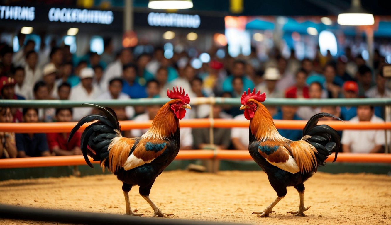 Sebuah arena sabung ayam online yang hidup dan ramai, dengan ayam jantan berhadapan di dalam ring sementara sekelompok penonton menyaksikan dengan saksama