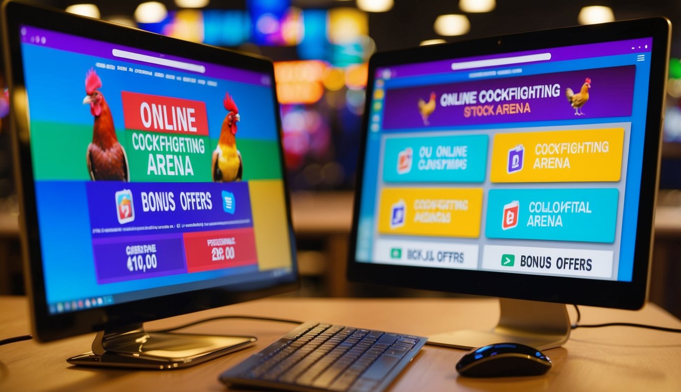 Sebuah arena sabung ayam online yang hidup dengan spanduk berwarna-warni dan tawaran bonus digital yang ditampilkan di layar komputer