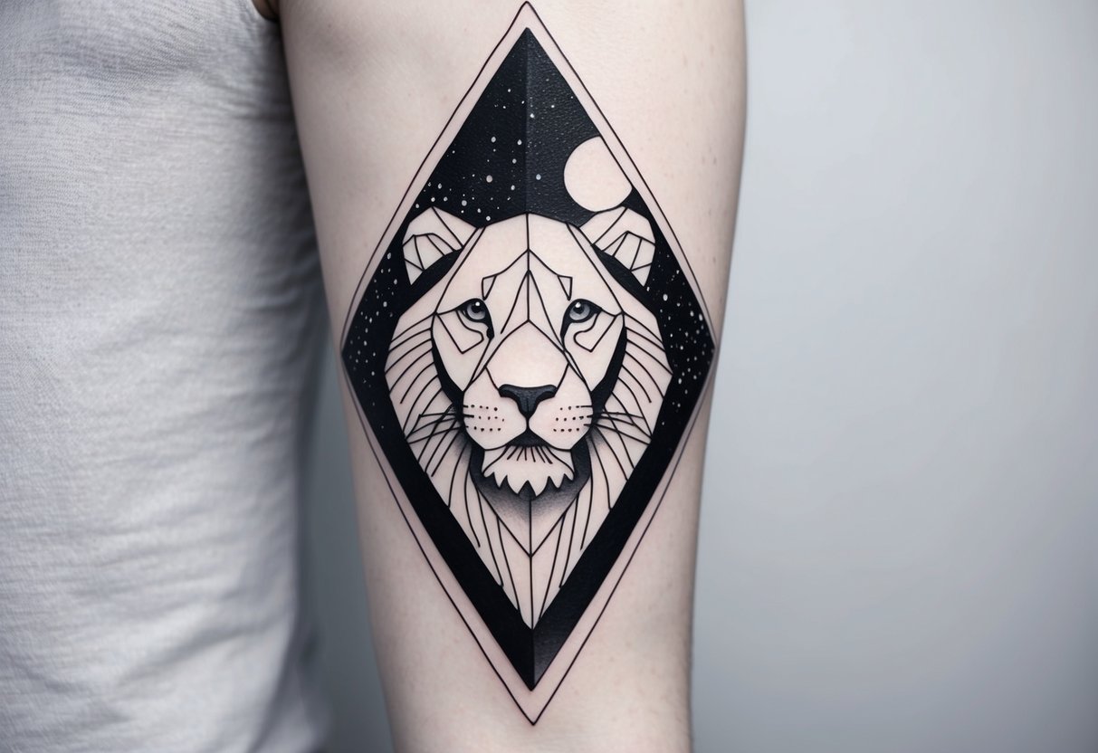 A geometric lion with bold lines and intricate patterns, set against a backdrop of a starry night sky