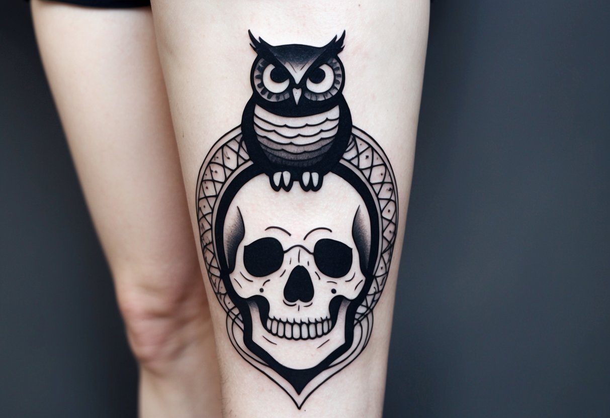 An owl perched on a skull, surrounded by intricate patterns, with a dark and mysterious ambiance