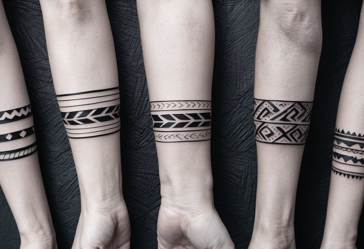 A group of tribal band tattoos in various styles and sizes displayed on a dark, textured background