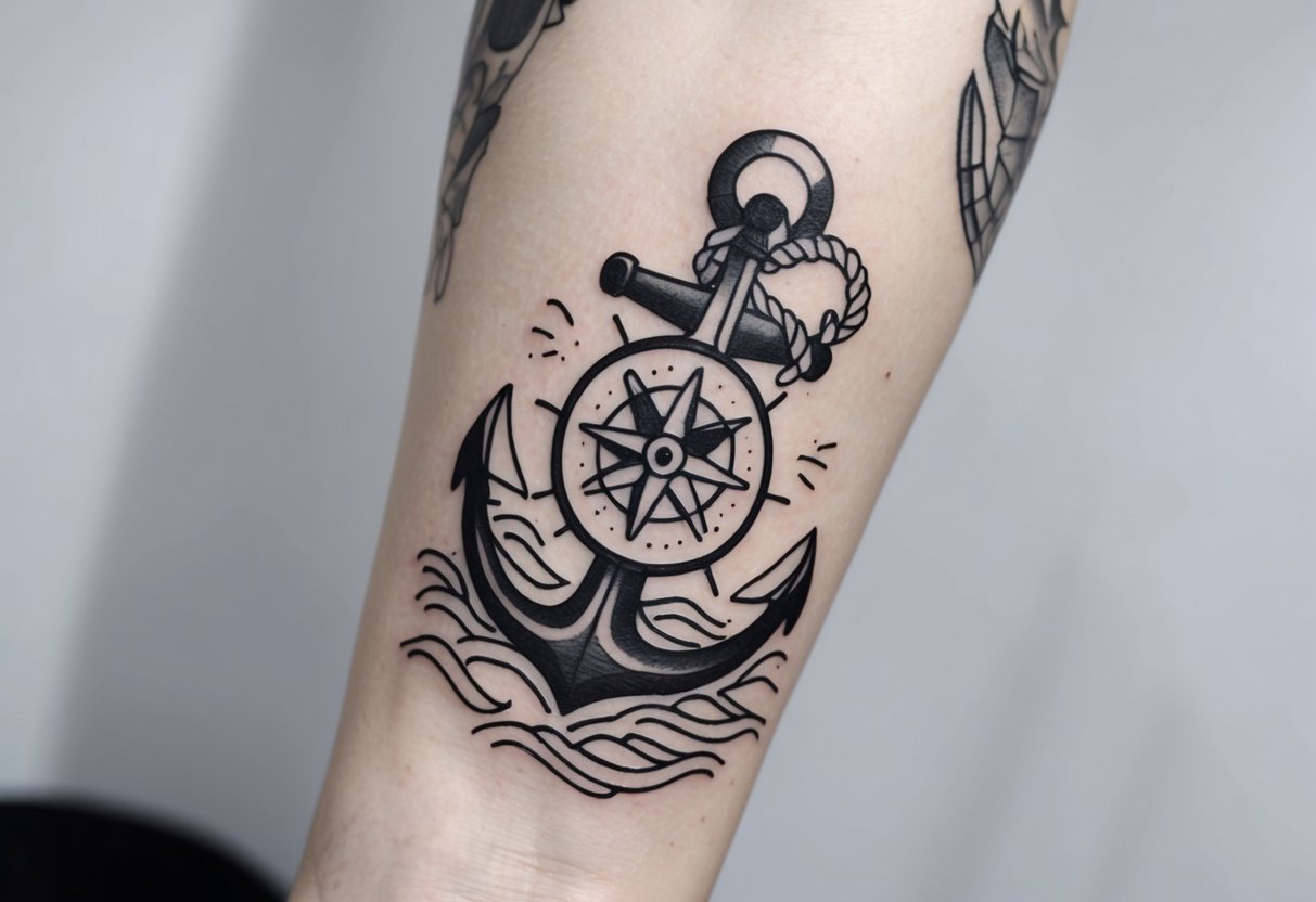 A weathered anchor entwined with a compass, surrounded by nautical elements and waves