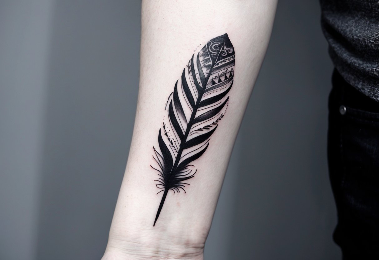 A detailed feather silhouette with intricate designs and patterns, suitable for a 14+ tattoo for guys