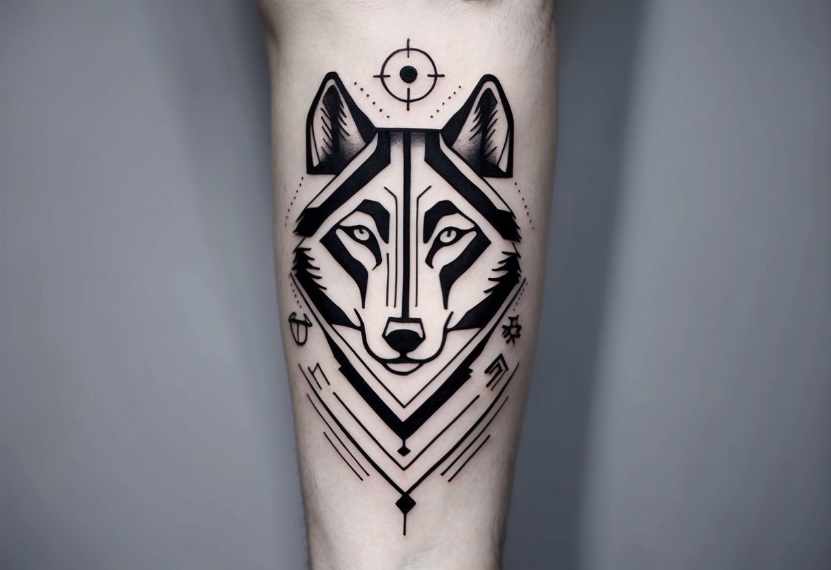 A wolf with geometric patterns, surrounded by masculine symbols and designs, suitable for a tattoo for men