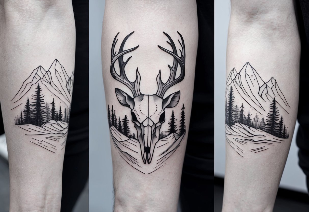 A deer skull with intricate antlers, surrounded by rugged mountain landscape and pine trees