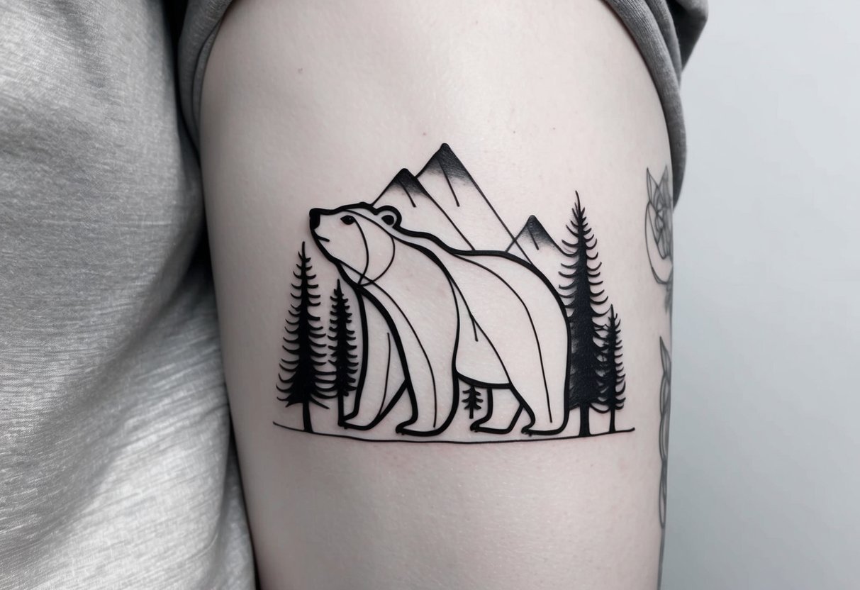 A bear with bold outlines, standing on its hind legs, surrounded by pine trees and mountains