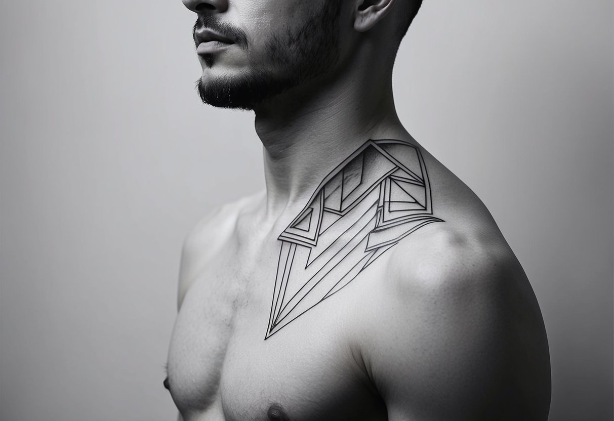 A geometric wolf head tattoo design for men, bold lines and intricate patterns, positioned on a muscular shoulder or chest