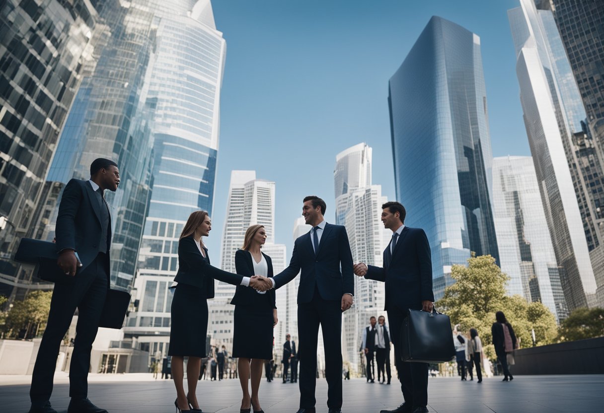 A bustling city street lined with modern skyscrapers, with real estate agents shaking hands and exchanging documents outside a successful commercial property sale