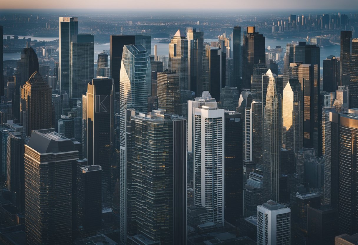 A bustling city skyline with skyscrapers and office buildings, surrounded by a mix of residential and commercial properties