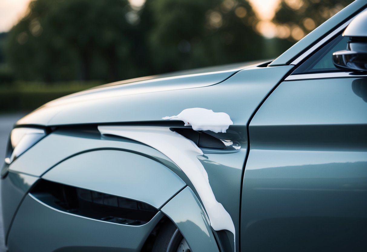 A car panel with excess ceramic coating left unbuffed, creating a glossy, uneven surface