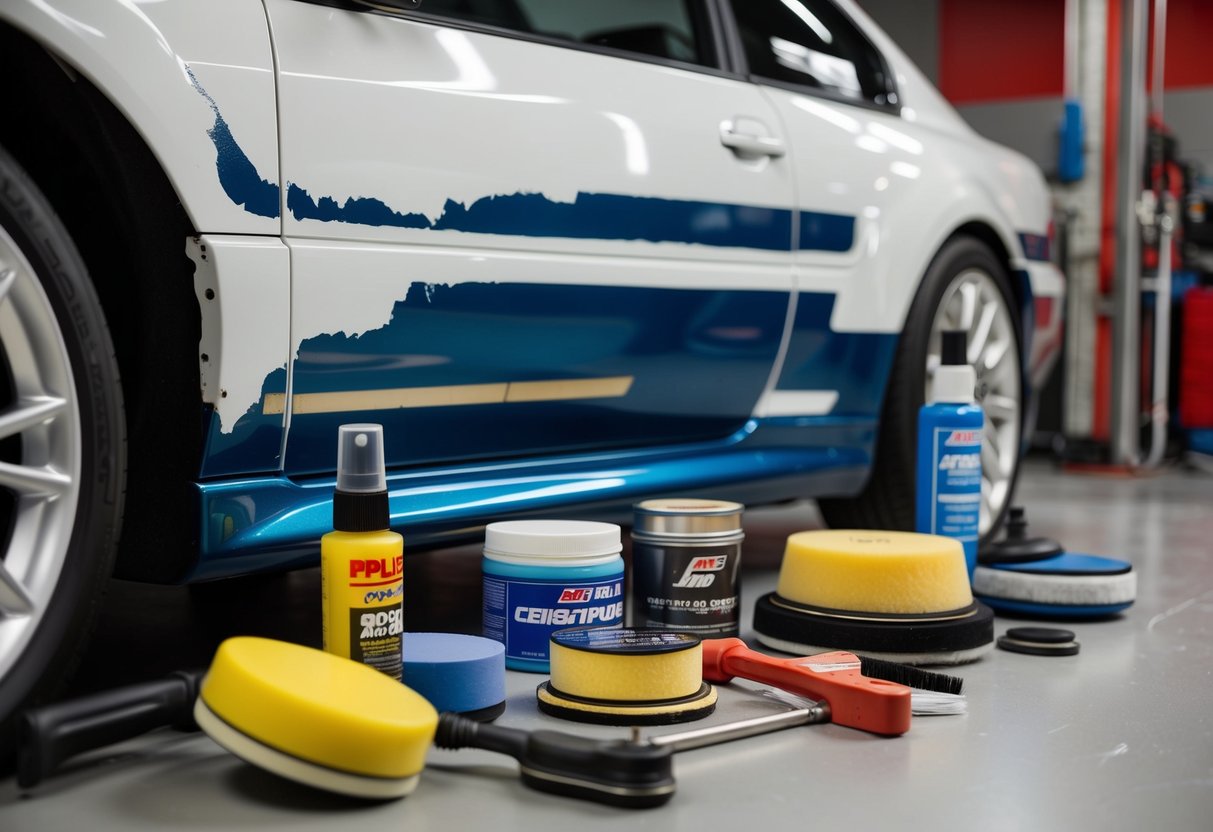 A car panel with remnants of ceramic coating, surrounded by various buffing tools and cleaning supplies
