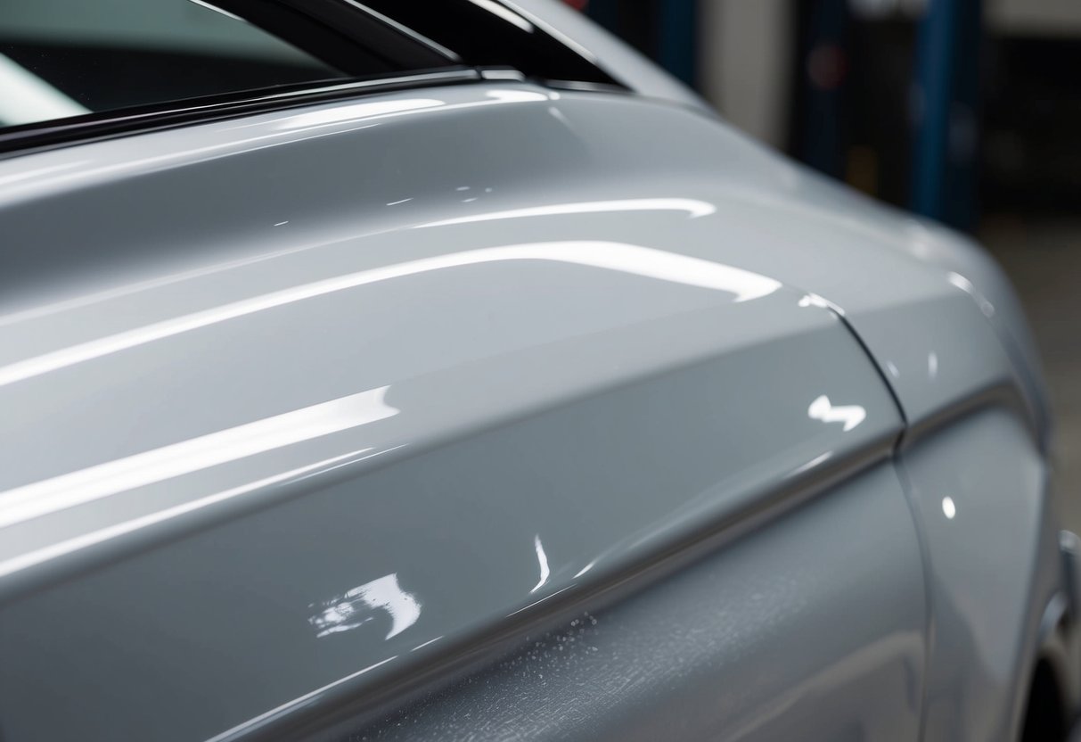 A car panel with excess ceramic coating, showing a glossy, uneven surface with visible streaks and smudges