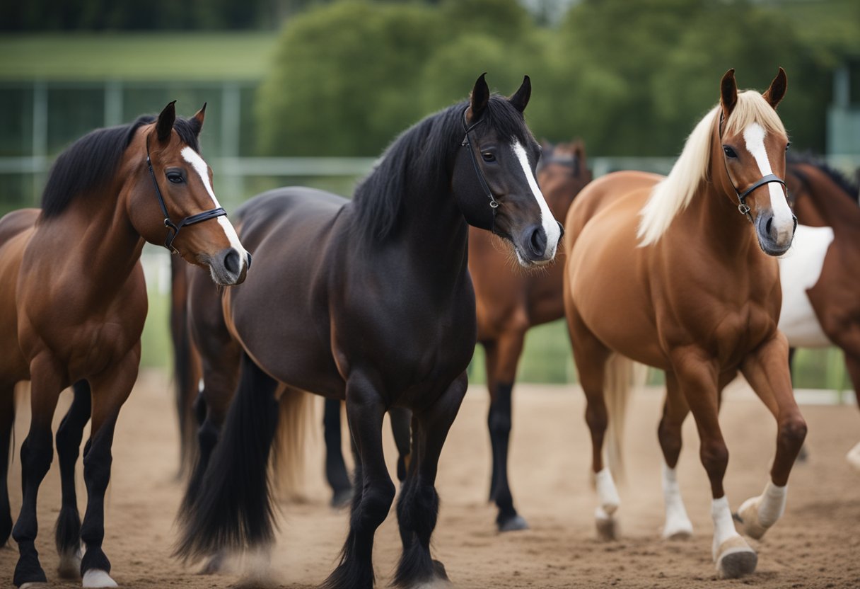 En gruppe med forskjellige hesteraser i et treningsanlegg, hver engasjert i forskjellige øvelser tilpasset deres spesifikke behov