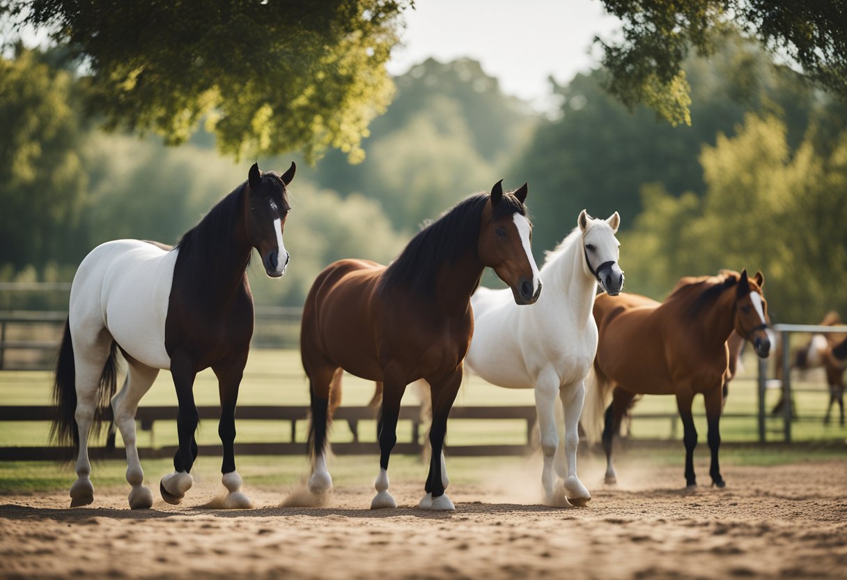 En mangfoldig gruppe hester, inkludert forskjellige raser og størrelser, deltok i ulike typer treningsaktiviteter i et romslig og godt vedlikeholdt hesteanlegg.