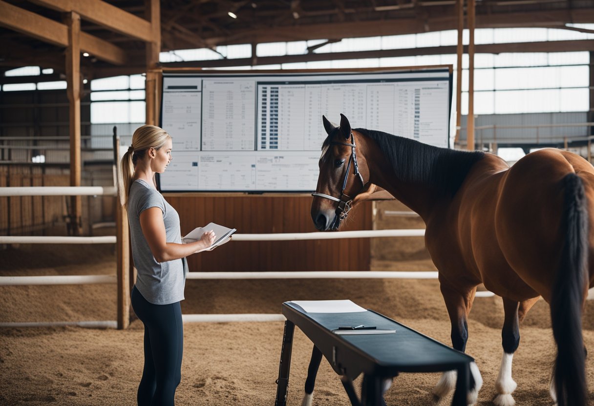 En trener justerer treningsplaner for ulike hesteraser i en stall med hesteutstyr og diagrammer.