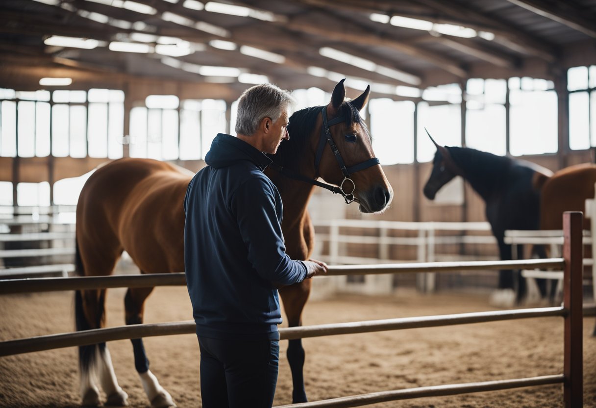 En trener justerer treningsplaner for forskjellige hesteraser i et velutstyrt stallmiljø