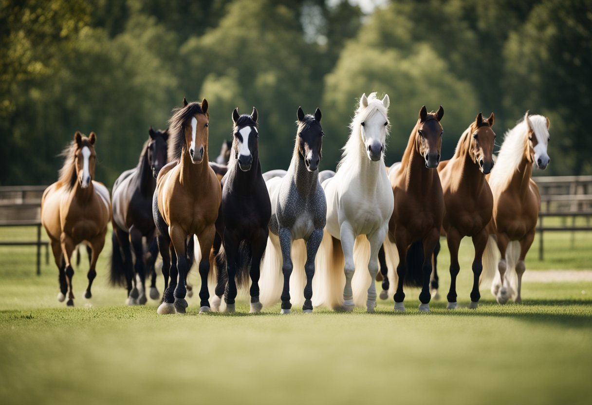 En rekke hesteraser som står på rad, hver engasjert i ulike typer treningsaktiviteter, som sprangridning, dressur og turkjøring.