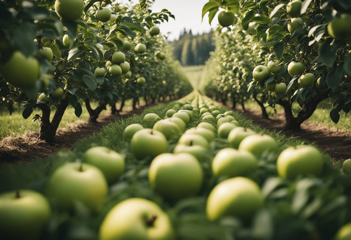A lush apple orchard with rows of trees heavy with ripe fruit