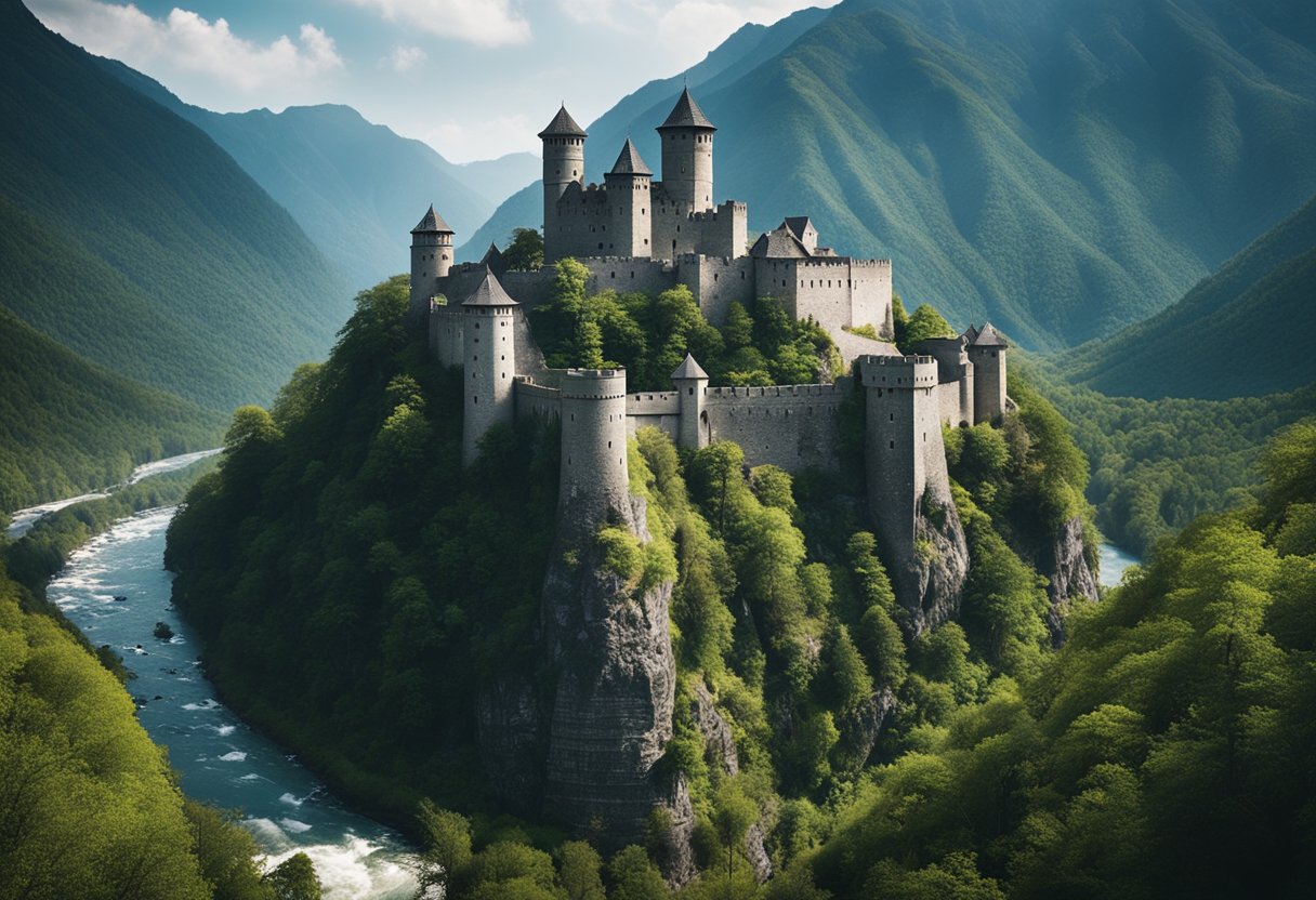 A massive, imposing fortress nestled amid rugged mountains, surrounded by dense forests and a rushing river