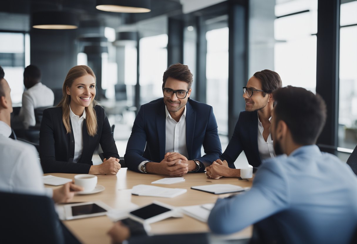 A group of business professionals discussing and brainstorming ideas in a modern office setting