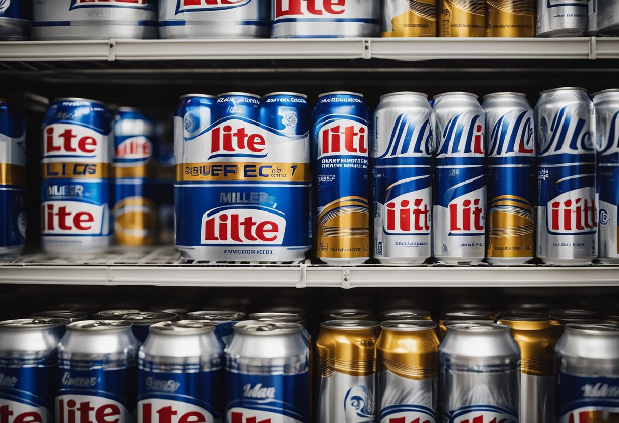 A shelf of Miller Lite cans in a convenience store cooler