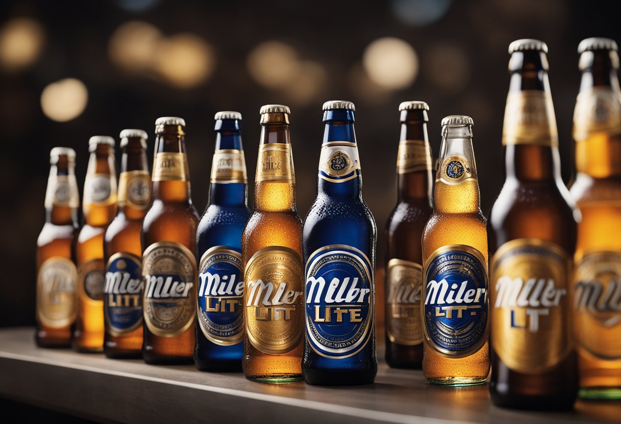 A lineup of beer bottles with various labels, including Miller Lite, positioned prominently in the center. The Miller Lite bottle stands out with its distinct design and branding