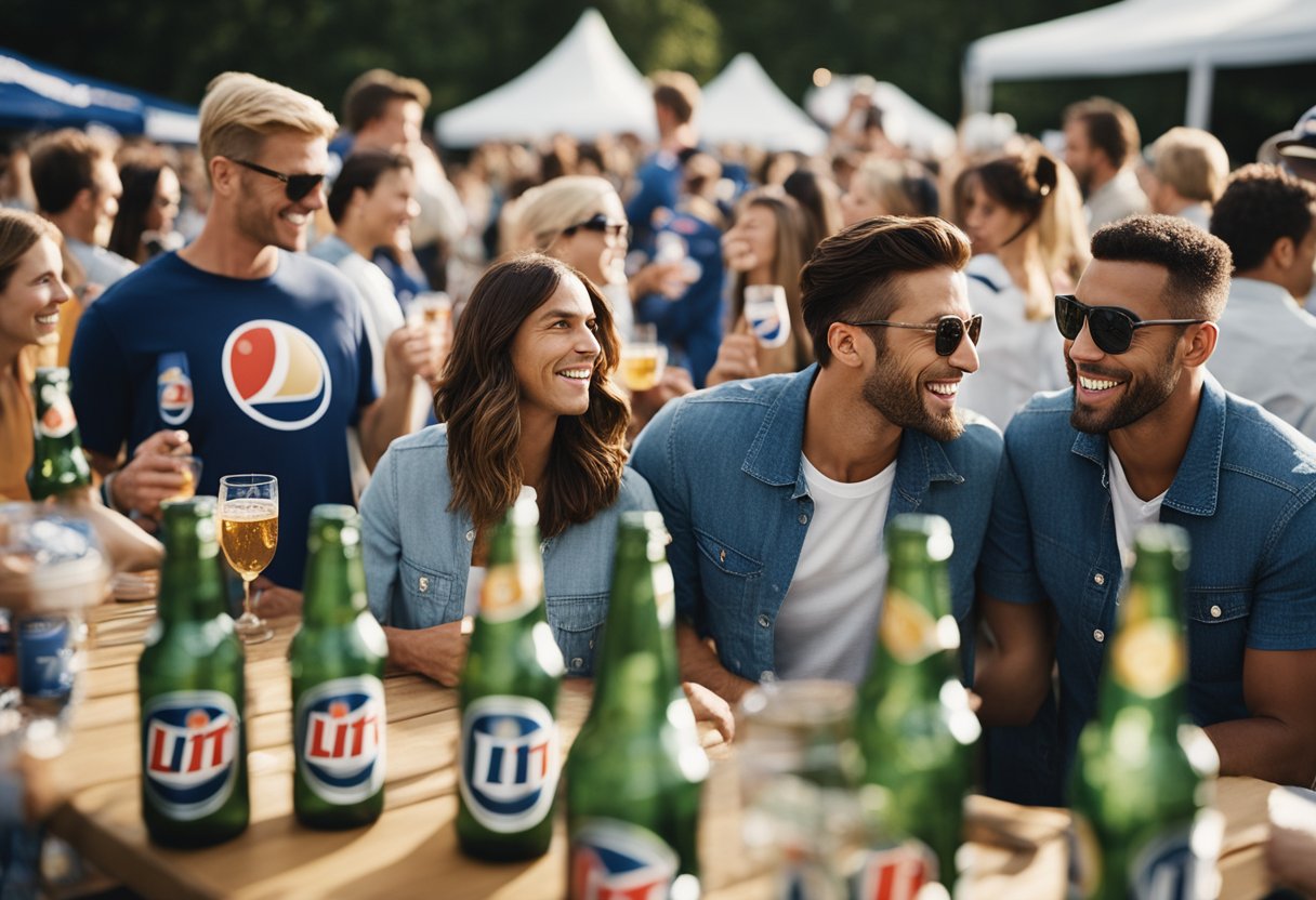 A group of people enjoying Miller Lite at a lively outdoor event with branded merchandise and banners prominently displayed