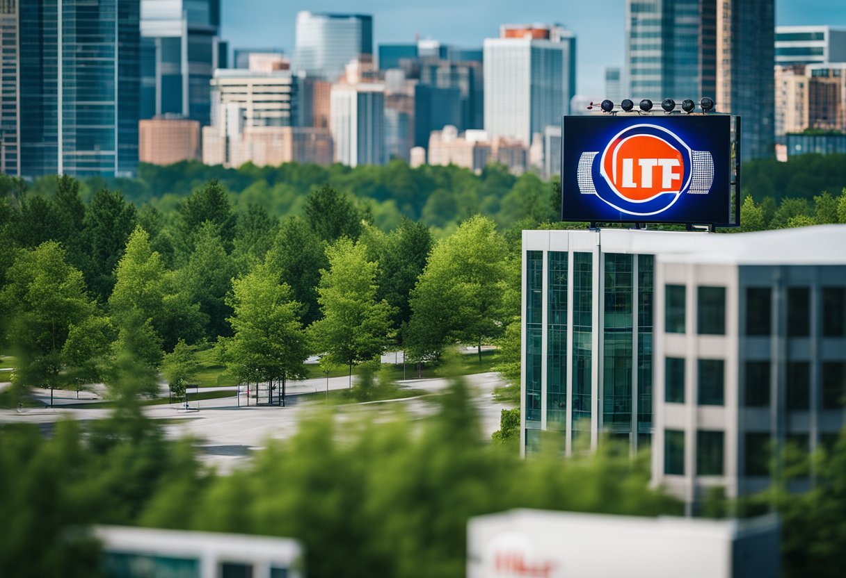 A vibrant cityscape with a prominent Miller Lite billboard surrounded by green spaces and eco-friendly buildings