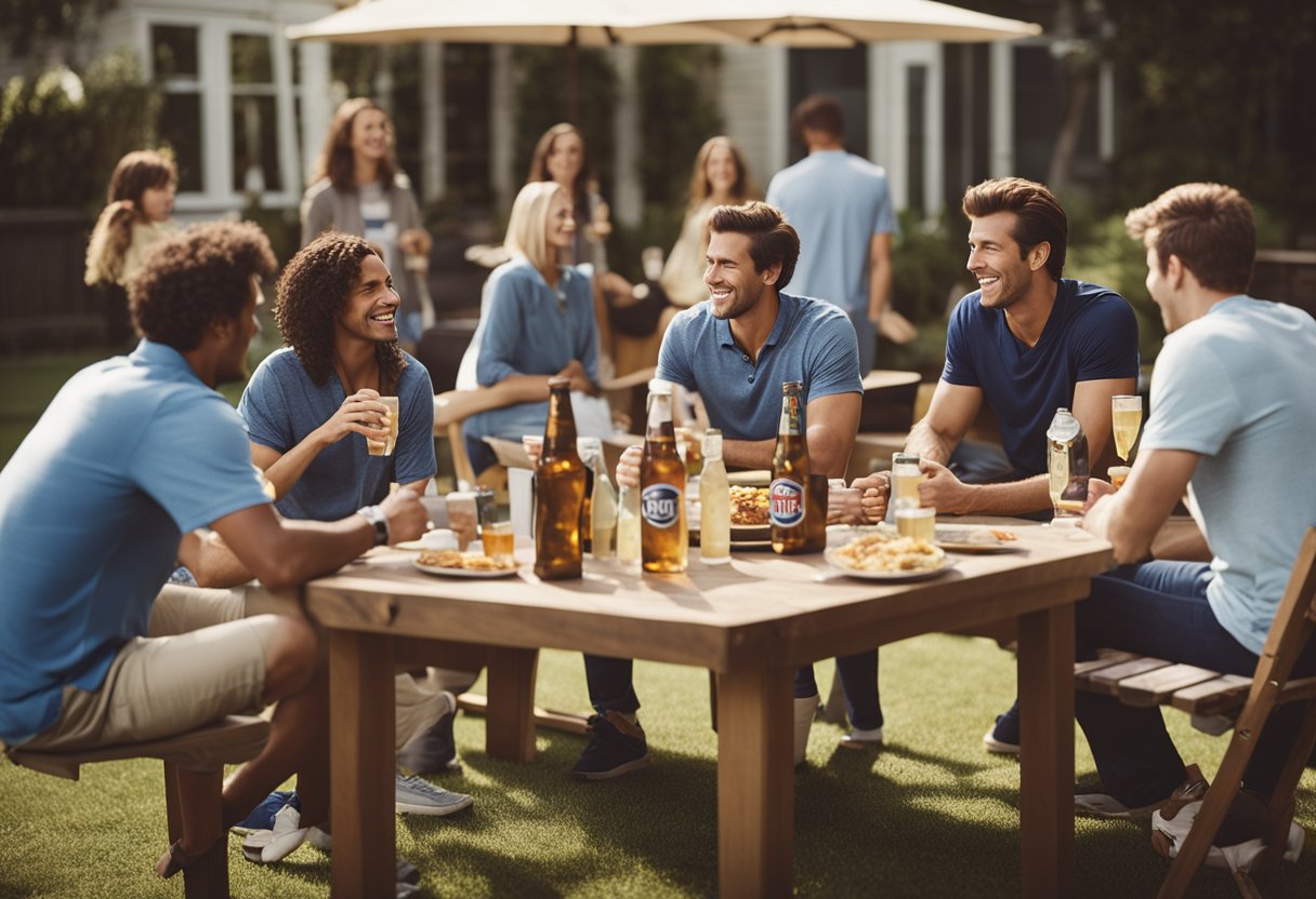 A group of people enjoying Miller Lite at a backyard barbecue, surrounded by sports equipment and casual outdoor furniture